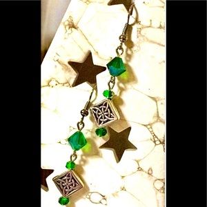 Celtic 4 Point Diamond Knot Green Crystal Bead Earrings Irish St. Patrick’s Day